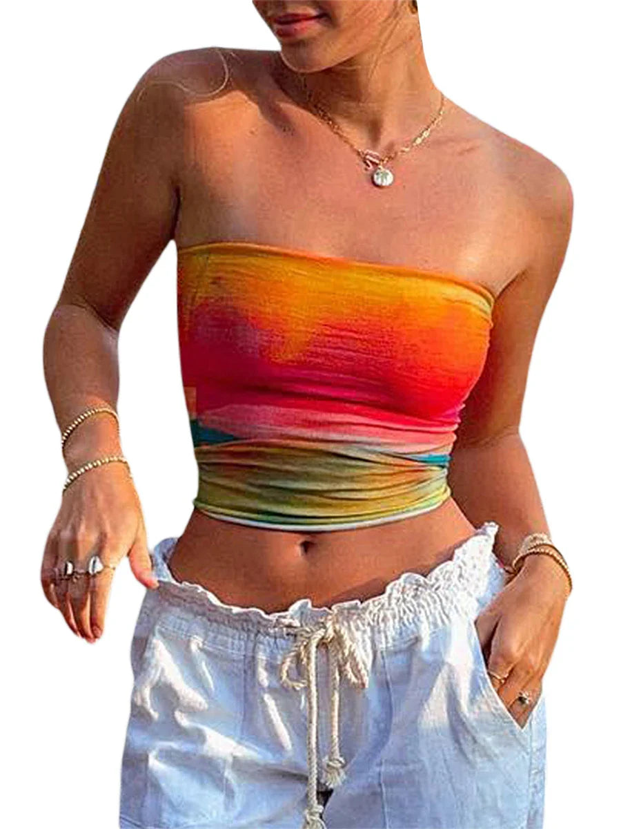 Women Sexy Y2k Tie Dye Basics Camis Wrap Chest Tube Tops Print Boat Neck Strapless Tank Tops Summer Backless Bandeau Crop Tops