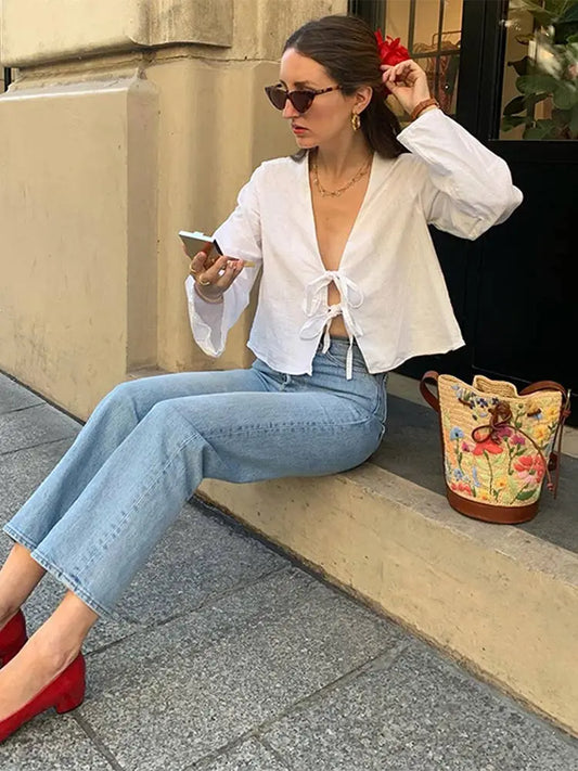 Women Spring New Lace Up White Shirt Elegant V Neck Long Sleeve Cropped Blouse Fashion Summer Chic Female High Street Thin Tops