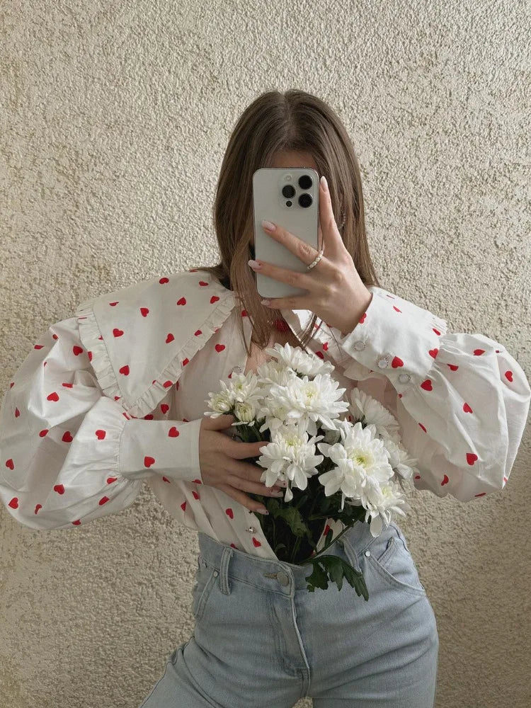 Heart Print Cotton Shirts Women Elegant Big Peter Pan Collar Ruffle Blouse Female Spring Autumn Casual Loose Lantern Sleeve Tops