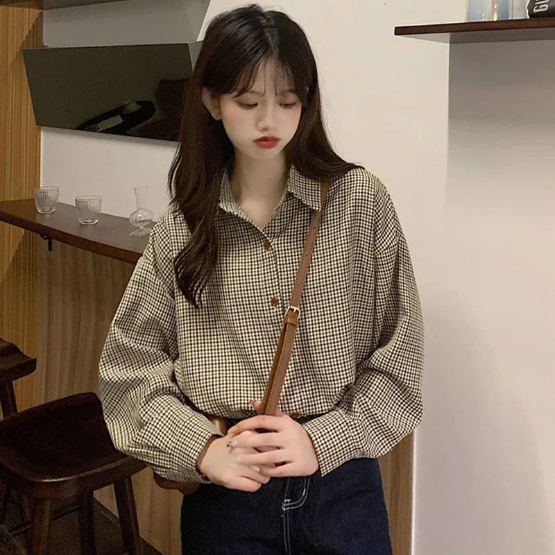 Lucyever Vintage Plaid Shirts for Women Spring Autumn Long Sleeve Loose Casual Blouse Woman Korean All-Match Buttons Up Blusas