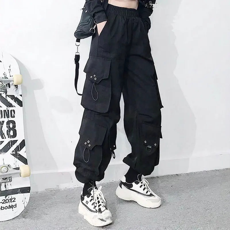 Streetwear Spring Summer Cargo Pants Women Harajuku Slim Punk Ribbons Joggers Elastic Waist Ankle-Length Trousers For Girls