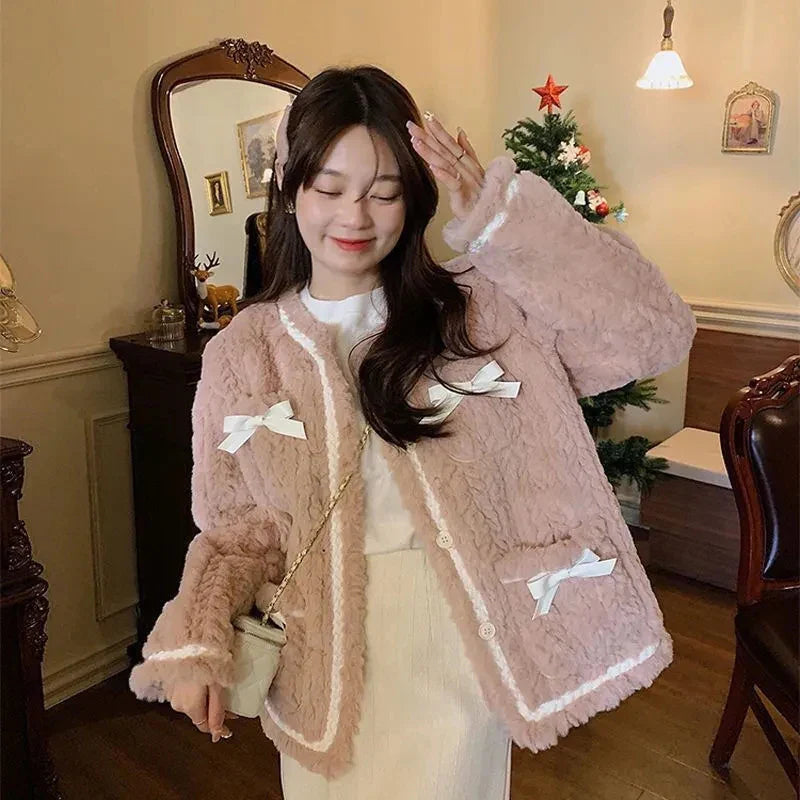 Sweet Faux Lamb Wool Coat Women Thick Bow Patchwork Jacket Winter Vintage Korean Elegant Faux Fur Casual Outerwear Tops