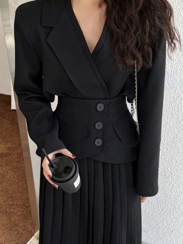 2023 Fashion Designer Vintage 2 Piece Set Women Temperament Office Lady Long Sleeve Coat + Higt Waist Pleated Skirt Blazers Suit