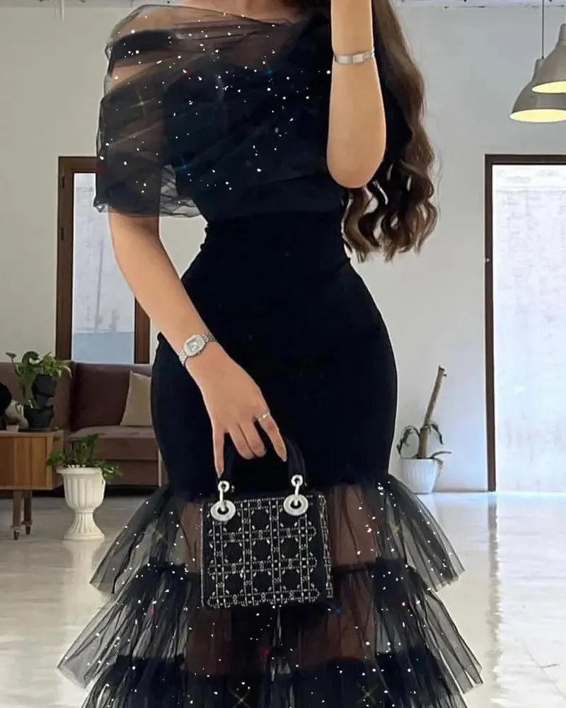 Summer Dress Sequin Temperament Commuter Maxi Dress Elegant Solid Color Dresses for Women Fashion Black Cake Dress Evening Dress