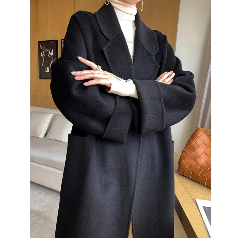 Double-Sided Cashmere Coat For Women In Autumn And Winter 2023, New High-End Lapel Belt, Loose And Long Knee Length Wool Woolen