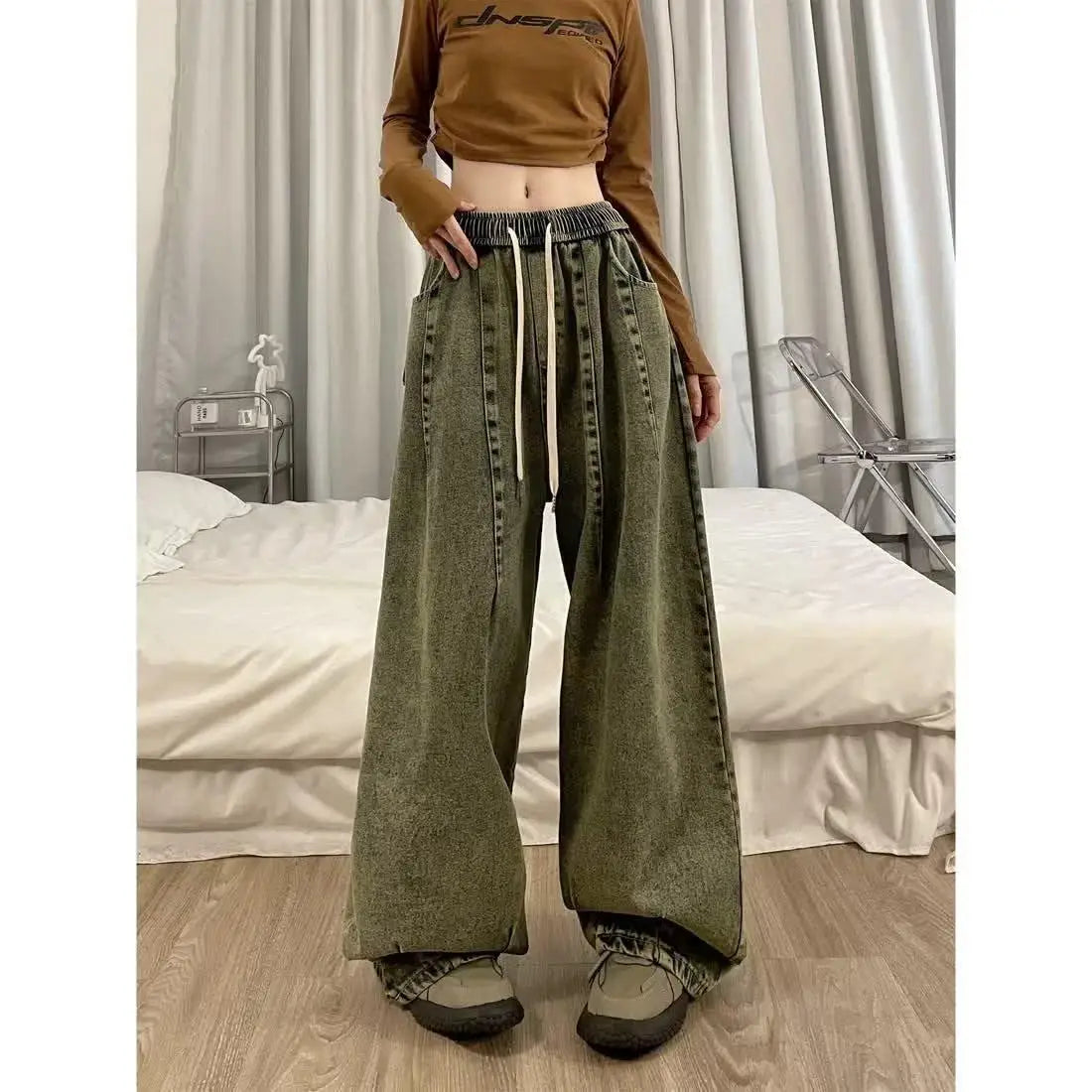 Spring Women Vintage Baggy Jeans Elastic Waist Oversized American Trouser Denim Wide Leg Streetwear Straight Basic Pants Y2k