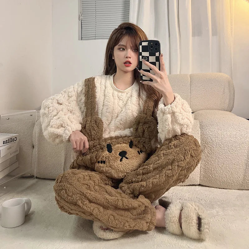 Winter Thicken Women Pijamas Sets Korean Girls Soft Warm Sleepwear Pyjama Pour Femme Cartoon Bear Cute Pajamas Long Sleeve Pants