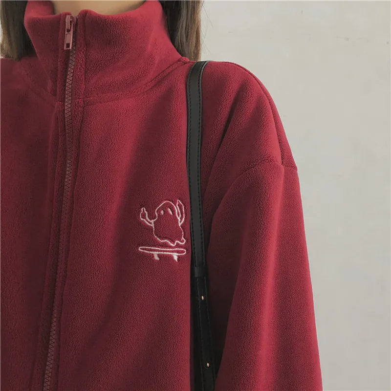 Y2k Women Embroidery Zip Up Hoodie Fleece Jacket Thick Warm Winter Plush Zipper Sweatshirt Outwear Hoodies Tops Clothes