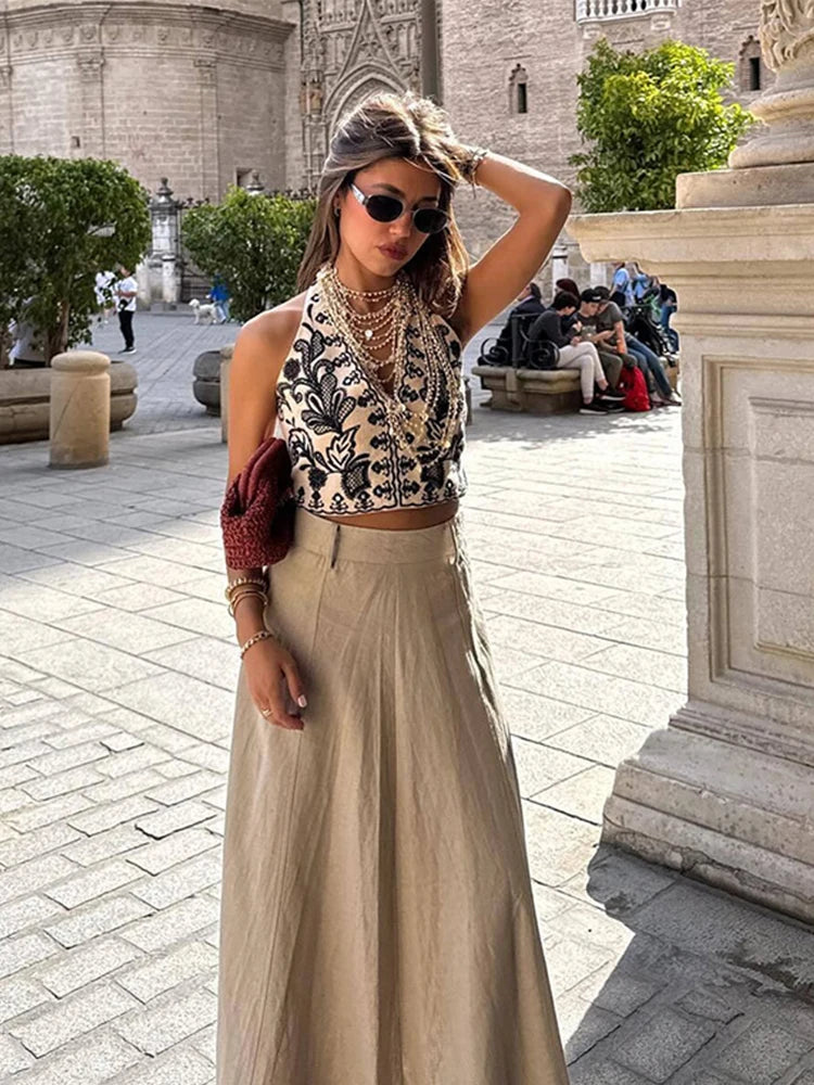 Print Crop Top Mini Skirt Sets Women Beach Sleeveless V-neck Backless Vest High Waist Skirt Female Suit 2024 Summer Lady Set