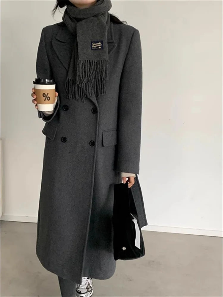 Cotvotee Notched Wool Coat Women Autumn Winter 2023 New Vintage Solid Loose Long Jacket Casual Long Sleeve Double Breasted Coats