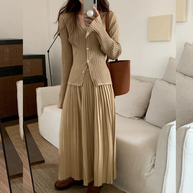 Autumn New Pleated Skirt Suit Women Korean Simple Knitted Top High Waist Skirt 2 Piece Set Winter Office Lady Elegant Outfit