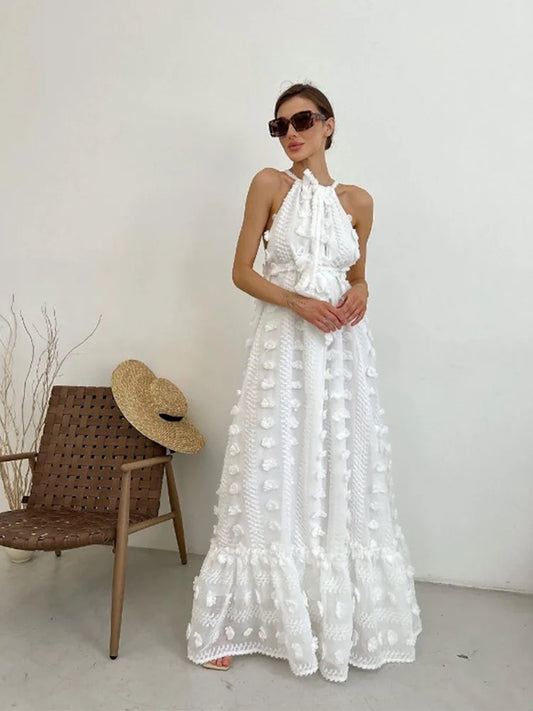 Picsgirl -  3d Applique Mesh Perspective Long Dress Women White Sleeveles Off Shoulder Vestidos Spring Summer Casual Vacation Beach Robes