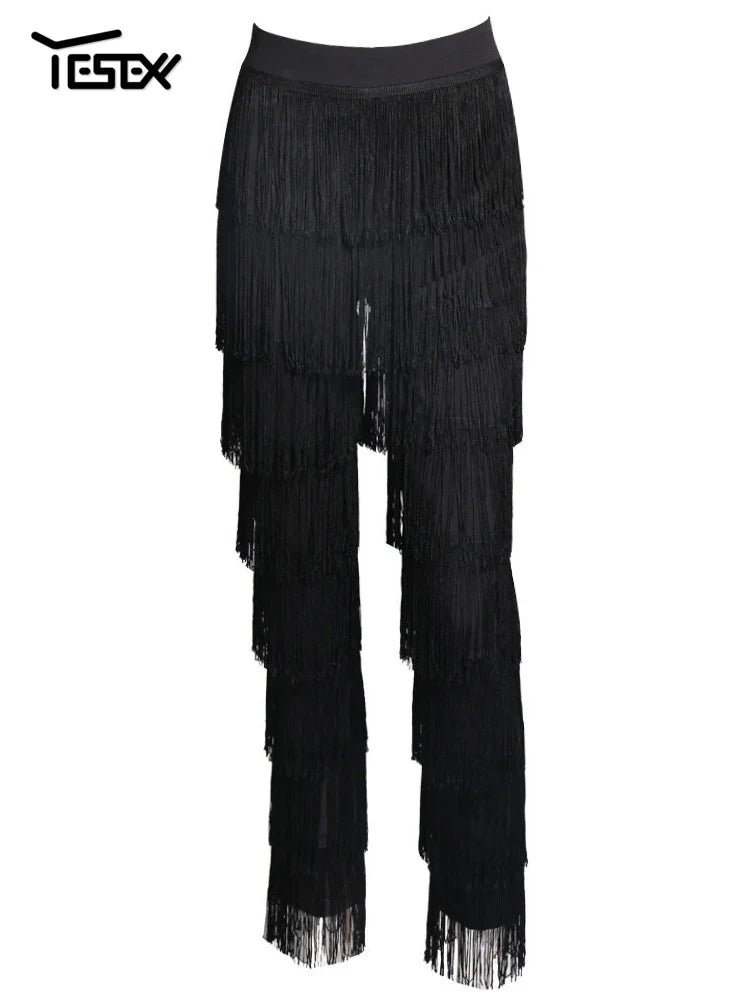 New Fringed Pants Zipper  Pants Tassels Sexy Elegant High Waist Tights Zip Tassel fashion Sexy Versatile Black White