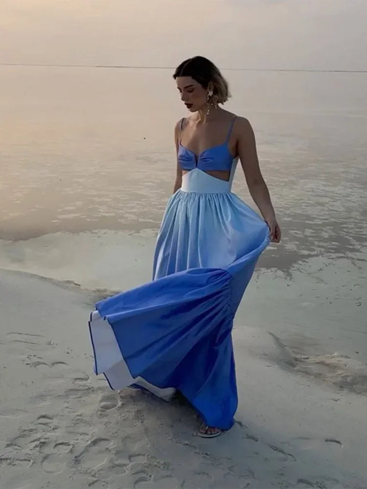 Women's Elegant Blue Gradient Cut-out Suspender Maxi Dress Chic Sexy Backless Sleeveless Slim Dresses Female Beach Vacation Robe