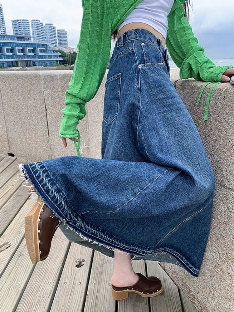 Sexy Women Skirt Tie Dye Umbrella Big Size Denim Skirt New Slim All-match A-line Long Dress Pocket Fashion 2023 Spring Summer