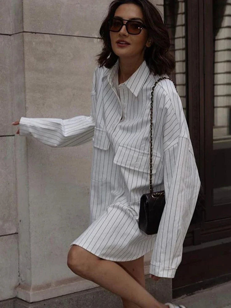 Picsgirl -  Striped Shirt Women White Lapel Tops Female Oversized Fashion Blouse Ladies Elegant Loose Single Breasted Long Sleeve Camisas