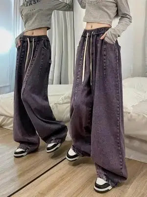 Spring Women Vintage Baggy Jeans Elastic Waist Oversized American Trouser Denim Wide Leg Streetwear Straight Basic Pants Y2k