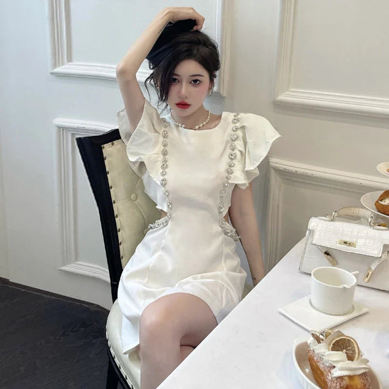 WARMMETA Woman Dress Flying Sleeve Rhinestone Hollow Out O Neck Elegant Spring New Slim White Sexy Dresses Female Mini Fashion