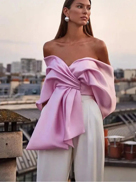 Elegant Satin Bow Top Women Off Shoulder Backless Pleated Club Party Shirts Vest 2024 Spring Summer Street Bow Lace Up Clubwear