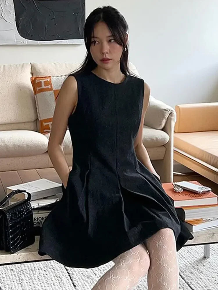 Picsgirl -  Elegant Black Pleated Sleeveless Mini Dress For Women Sexy Backless Off Shoulder O-neck A-line Dresses 2024 Ladies Casual Robes