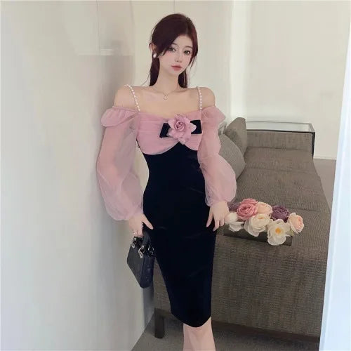 WARMMETA Hot Girl Slim Dress Women's Autumn Pearl Chain Slash Neck Long-sleeved Knee Length Wrap Hip Dress Fashion Female Clothes