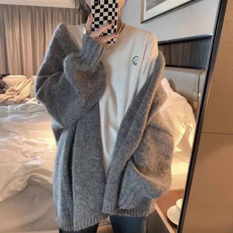 Autumn Winter Thicken Warm Sweater Cardigan Women Japan Style Lazy Wind Soft Knit Cardigans Female Gray Khaki Loose Knitted Coat