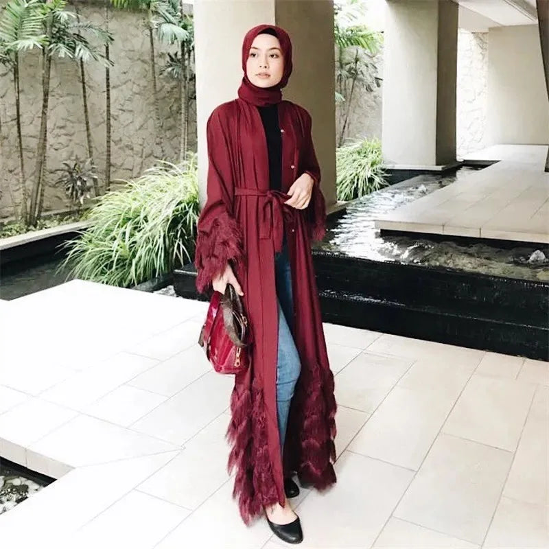 warmmeta-Elegant Thick Fluffy Lace Tassel Abaya Muslim Dress Full length Dubai Female Flare sleeve Islamic Dress wy1333 dropshiping