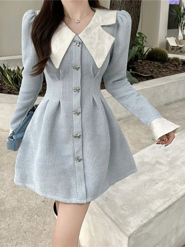 Deeptown Korean Style Blue Mini One Piece Dress Women Japanese Y2k Harajuku Long Flare Sleeve Corset Princess Dresses Winter