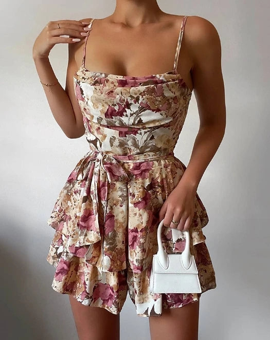 Women Short Jumpsuit 2024 Sexy Floral Print Cowl Neck Layered Ruffles Romper Summer Beach Sleeveless Above Knee Jumpsuit