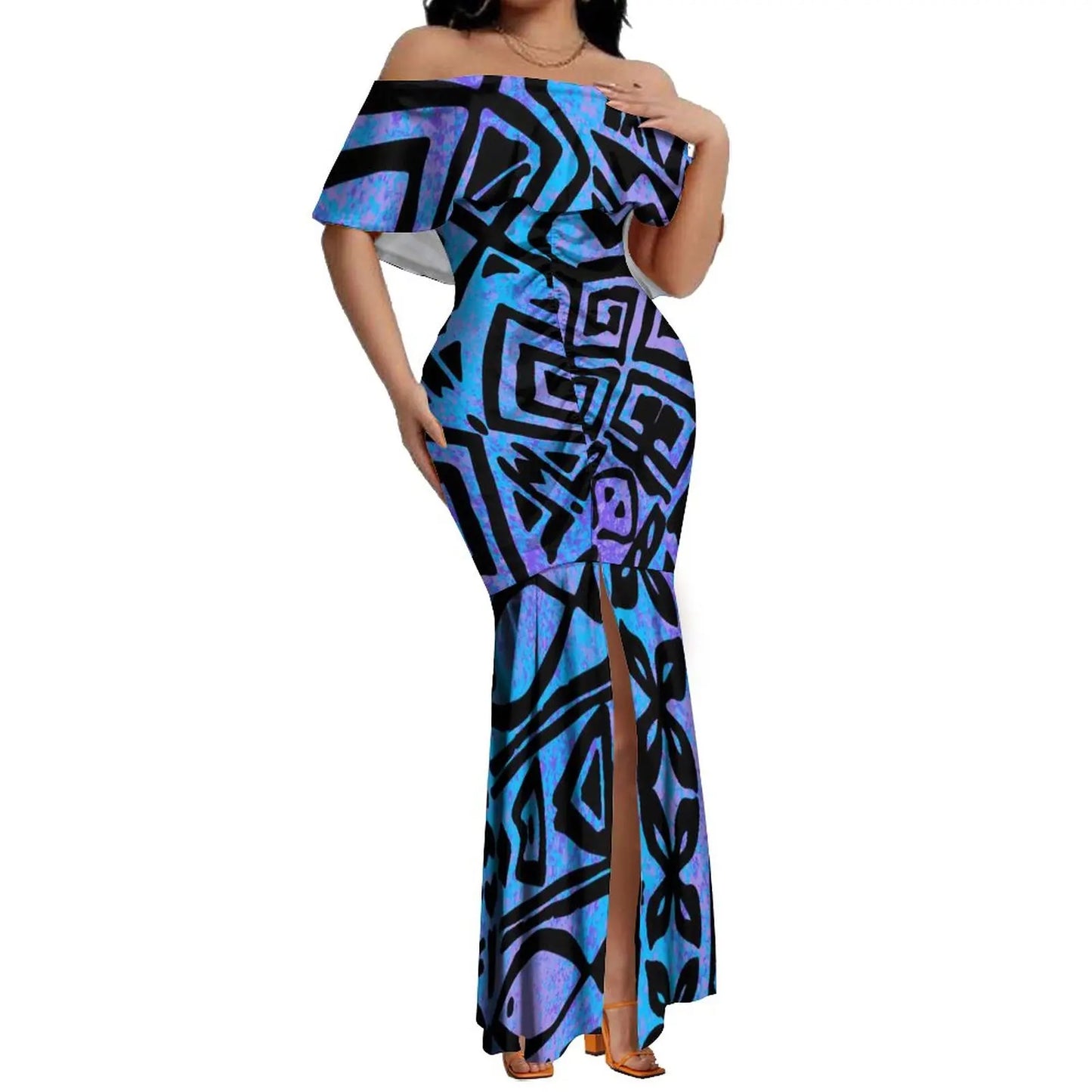 Pacific Island Art Women's Dresses Polynesia Hawaii Retro Style Off Shoulder Split Mermaid Dress