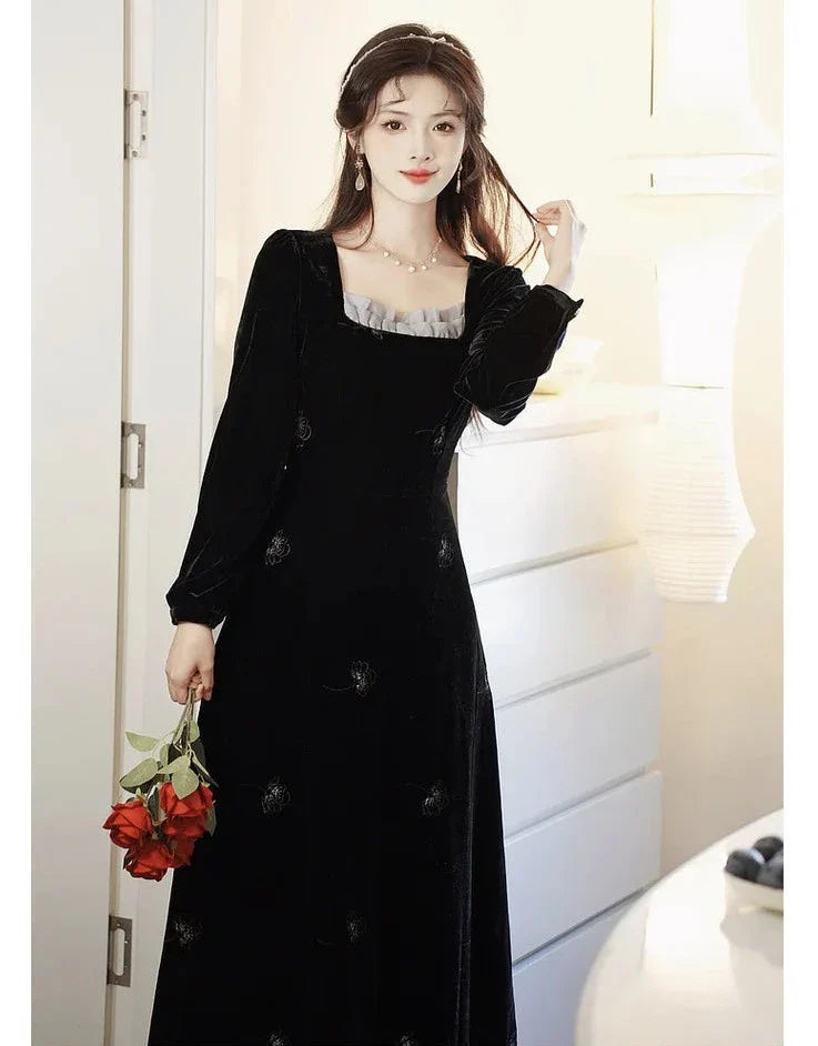 Nocturnal Flower Dark Aesthetic Velvet Dress