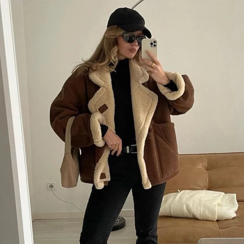 Casual Lamb Wool Solid Winter Women Coat Fashion Turn-down Collar Loose Pockets Female Jacket Autumn Winter Ladies Thick Outwear