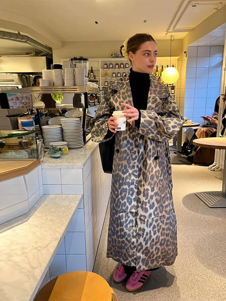 Chic Vintage Leopard Print Lapel Long Jacket Elegant Women Full Sleeves Single Breasted Coat 2024 Spring Female Street Overcoat