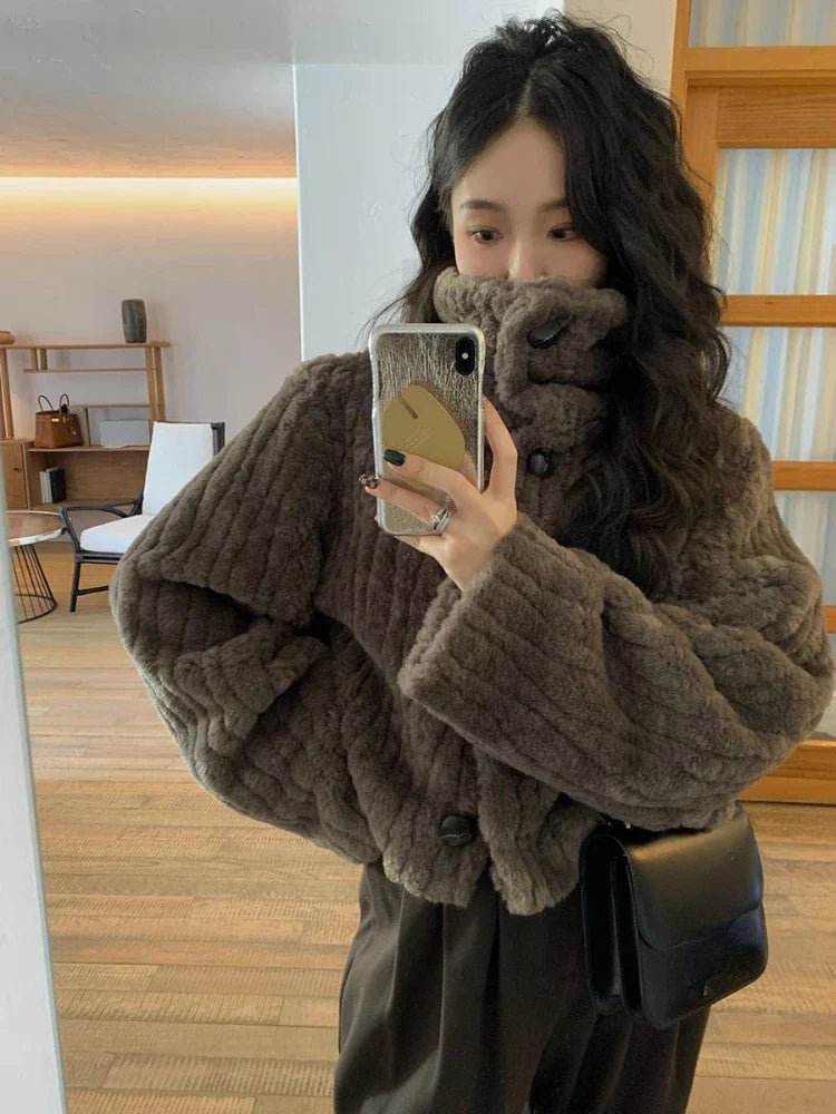 Vintage Solid Stand Neck Loose Casual Sweaters Japanese Streetwear Fashion Fluffy Coats New Y2k Aesthetic Grunge Women Cardigans