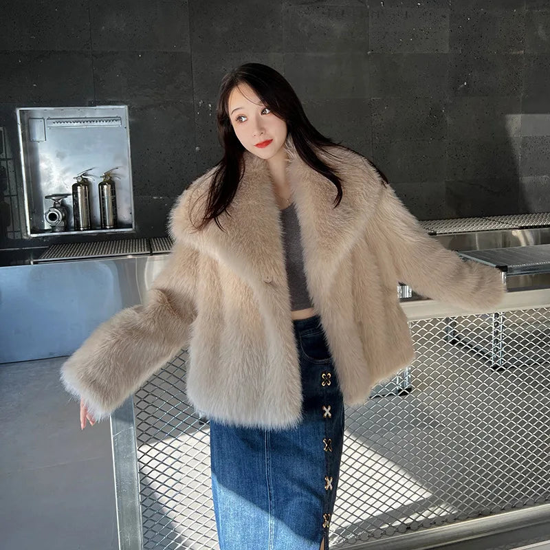 2023 New Women Winter Warm Faux Fur Coat Big Collar Women Velvet Coat Casaco Feminino