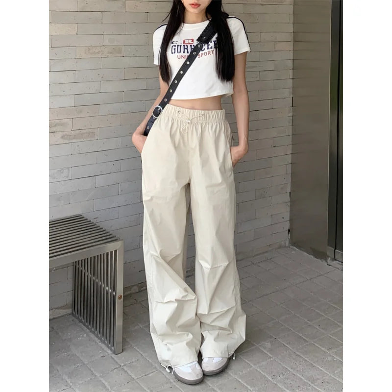 American Vintage Women Loose Cargo Pants Summer Fashion Elastic High Waist Drawstring Solid Thin Casual Straight Sports Trousers