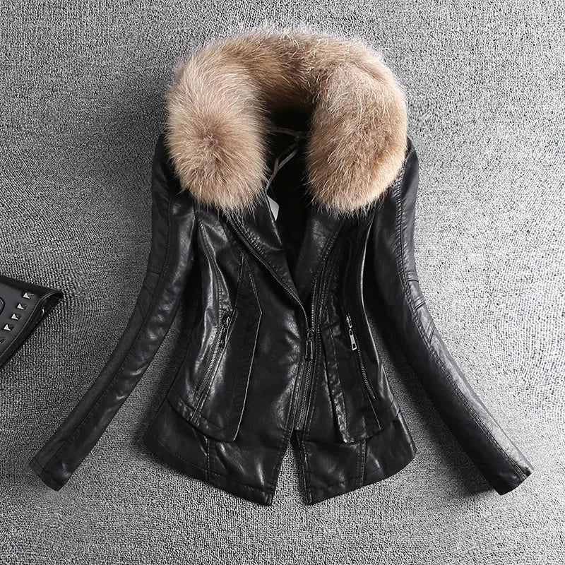 2023 Spring Autumn Real Fur Leather Jacket Women Small Coat Slim-Fit PU All-Match Casual Motorcycle