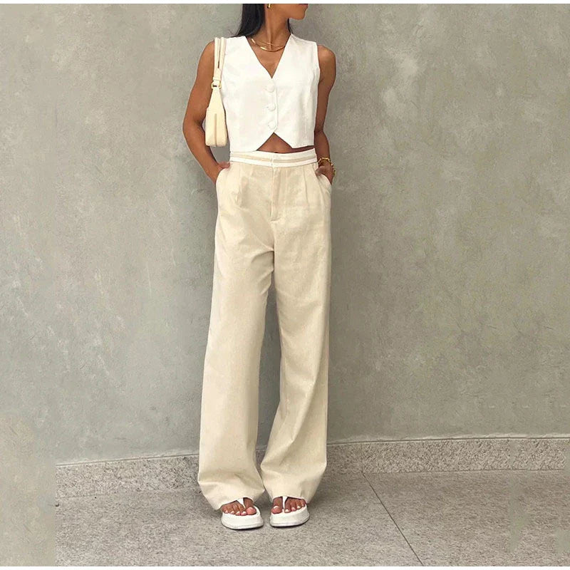 PICSGIRL  -  White Fashion 2 Piece Set for Women V-neck Sleeveless Vest And Wide Elastic Waist Pants Suit Summer Elagant Commute Outfits