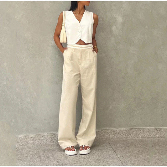 PICSGIRL  -  White Fashion 2 Piece Set for Women V-neck Sleeveless Vest And Wide Elastic Waist Pants Suit Summer Elagant Commute Outfits