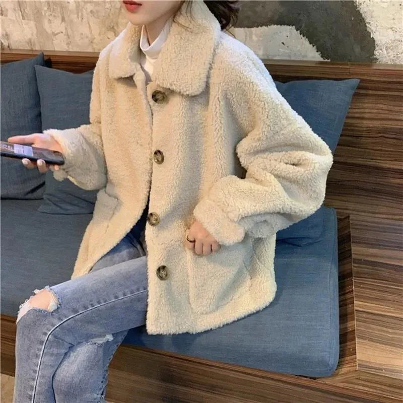 Deeptown Teddy Fleece Cropped Jackets Women Korean Fashion Vintage Harajuku Sweet Soft Girl Lambs Wool Coat Baggy Winter Loose