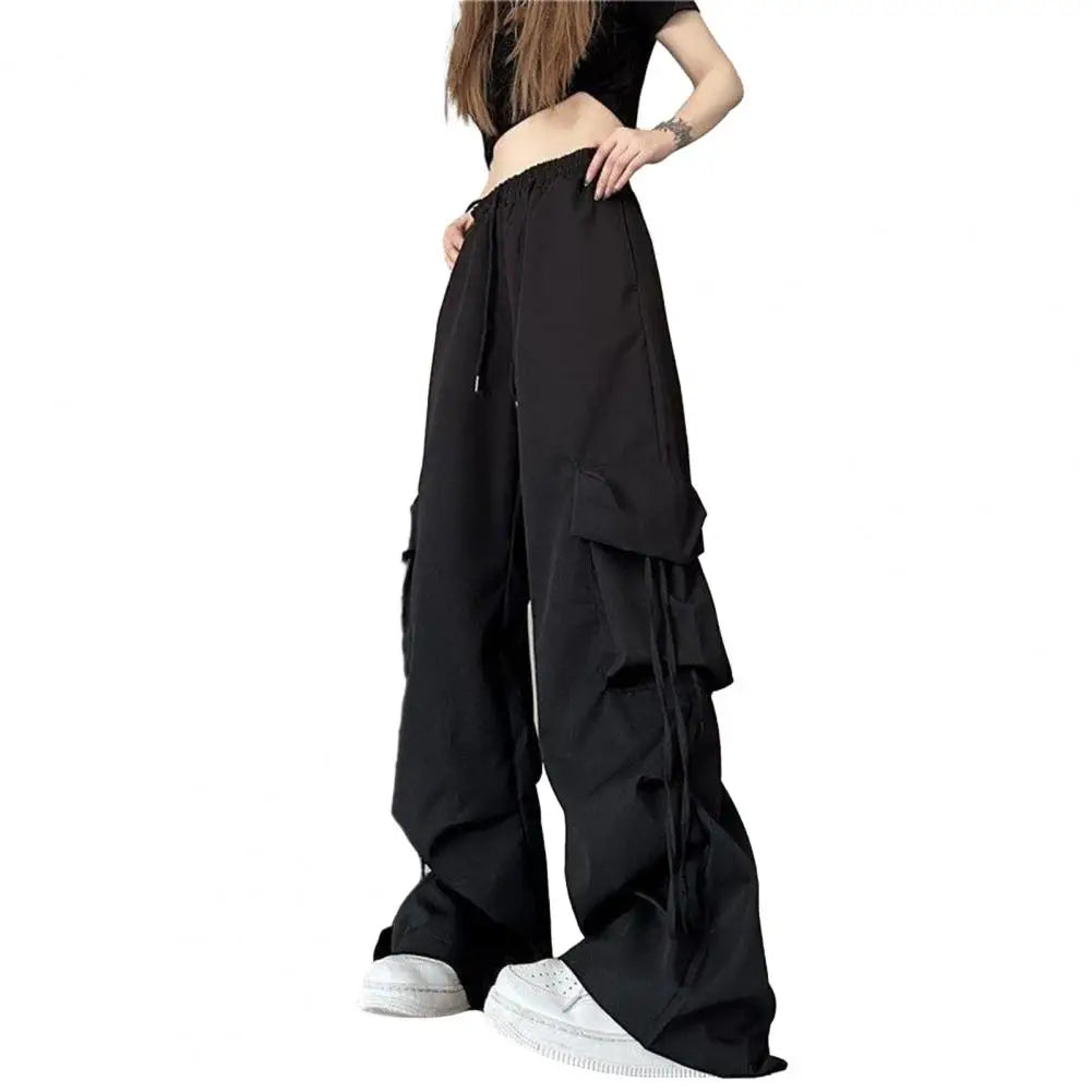 Retro Women Elastic High Waist Cargo Pants Drawstring Multi Pockets Straight Wide Leg Casual Long Trousers Streetwear