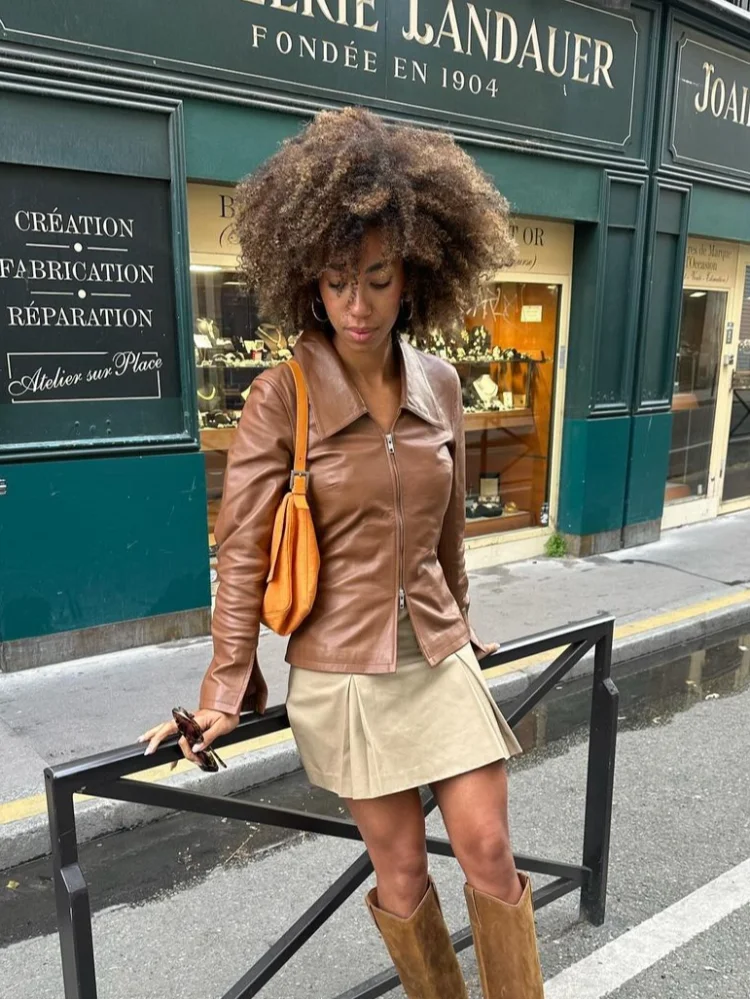 Women Vintage Brown Double Head Zipper Short Leather Jacket Elegant Lapel Long Sleeves Cropped Coats Autumn Chic Lady Outwears