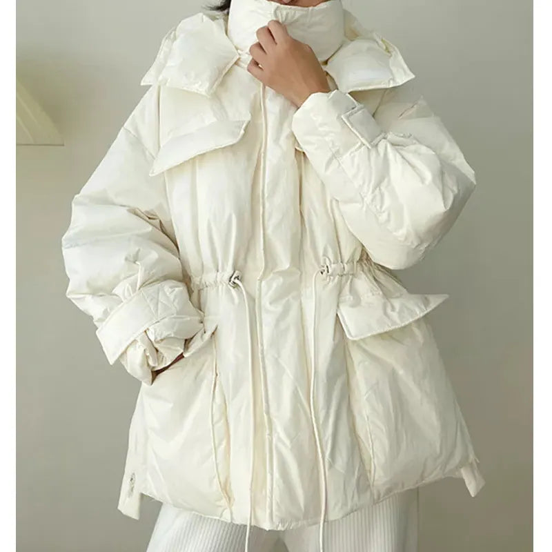 Winter Hooded Parkas Warm Jacket Women Down Cotton Coat Irregular Fluffy Bubble Drawcord Waist Outwear