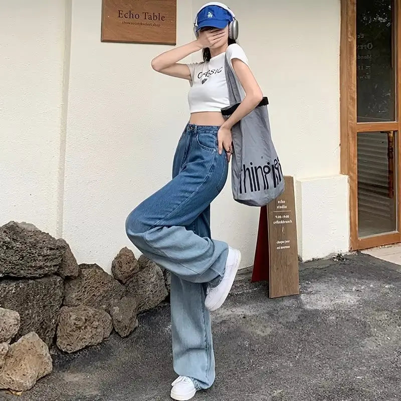 Winter Women's Bottoms Vintage Gradient Jeans Casual Baggy Wide Leg Straight Pants Fashion Mopping Denim Trouser Ladies Fall