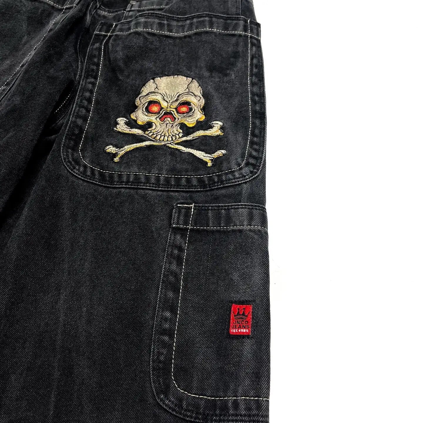 warmmeta Jeans New Harajuku Hip Hop Retro Skull Graphic Embroidered Baggy Jeans Denim Pants Men Women Goth High Waist Wide Trousers