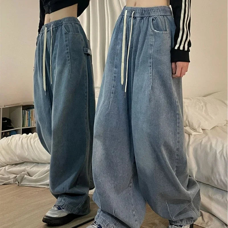 Vintage Baggy Jeans Wide Leg Pants Elastic Waist Oversized American Trouser Fashion Streetwear Straight Casual Pants Y2k Autumn