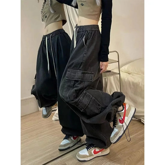 American Street Plus Size Retro Pocket Jeans Elastic Waist Female National Tide High Waist Straight Loose Wide Leg Drop Pants