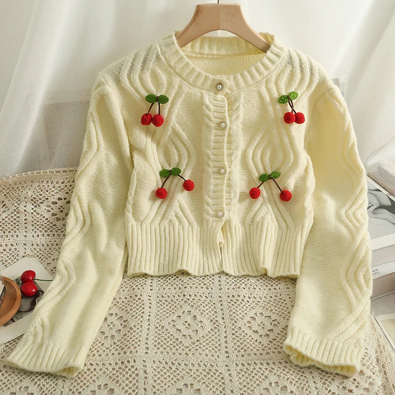 YuooMuoo Chic Fashion Cherry Knitted Cardigan Women Autumn Cute Button Up O-neck Long Sleeve Coat Streatwear Lady Y2K Sweaters