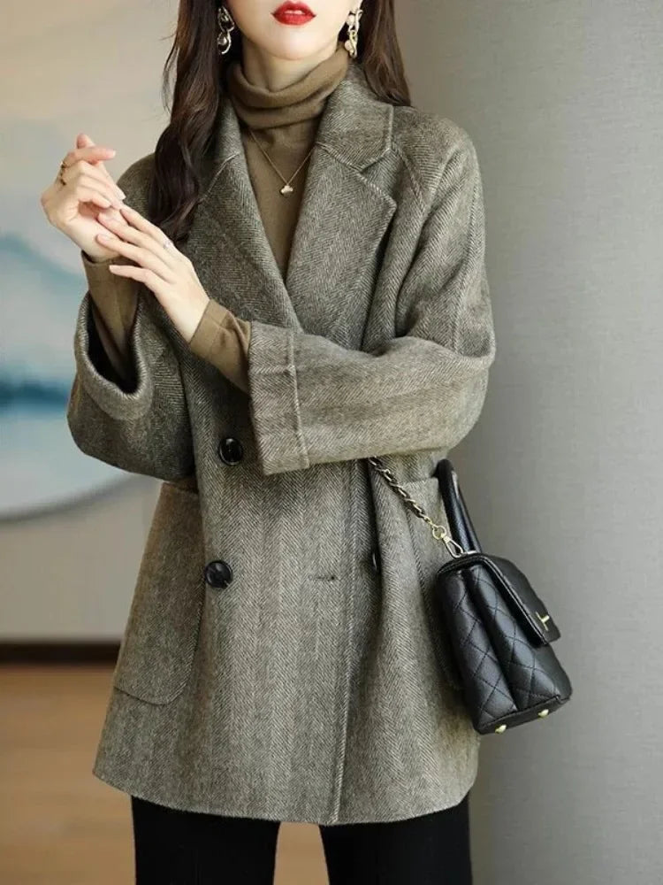 Winter Wool Coats Fashion Overcoat Female Elegant Solid Thick Woolen Coat Double Breasted Long Jackets Office Trench Coat Women