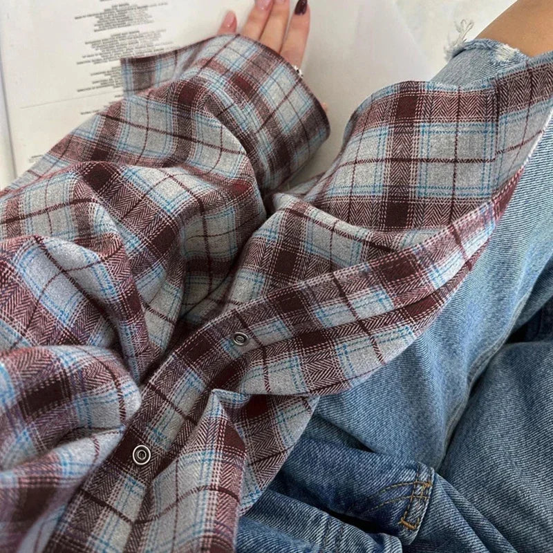 PICSGIRL -  Woman Vintage Plaid Blouses Long Sleeve Oversize Casual Shirt Tops with Pockets Autumn Winter Women's Clothing